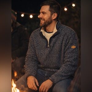 Orvis Sherpa Lined Blue Gray 1/4 Zip Pullover XL Chunky Knit Fleece Sweater